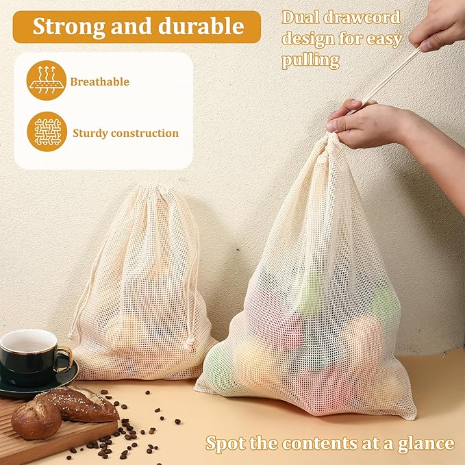 20 Pack Reusable Cotton Mesh Produce Bags Washable Grocery Vegetable Bags with Drawstring Farmers Market Bag for Grocery Shopping Fruits Storage Transporting Storing (4XXL,4XL,4L,4M,4S)