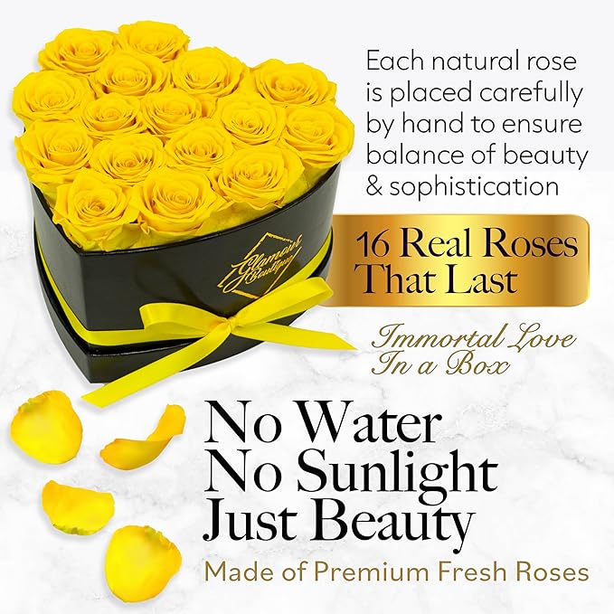 GLAMOUR BOUTIQUE 16 Flower Forever Heart Shape Box - Preserved Roses Gift for Her, Preserved Flowers, Yellow