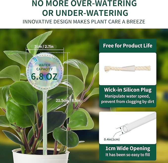 6.4 oz Medium Plant Self Watering Globes, Light Iridescent Glass Water Bulbs for Indoor Plants, Vacation Watering System, Plant Watering Spikes Stakes, Automatic Plant Waterer, 4 Pack