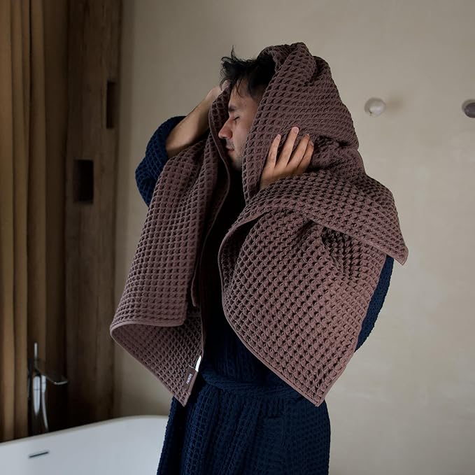 Luxury Japanese Cotton Waffle Bath Towel | Plush, Absorbent, and Quick Dry (Dark Cocoa, Hand Towel, 32" x 16")