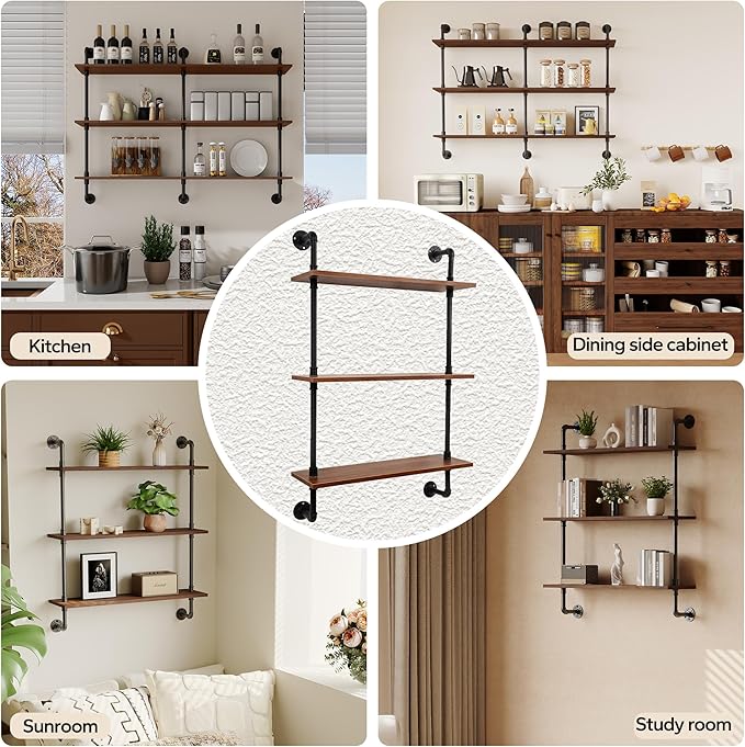 3-Tier Industrial Pipe Floating Shelf – Rustic 36 inch Wood Wall-Mounted Storage Shelf for Kitchen Office,Bathroom & Home Decor -Walnut