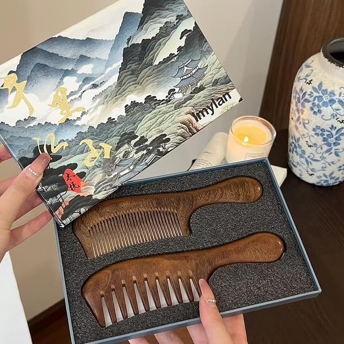 Letyvba Walnut Hair Comb, Wooden Comb for Women, Premium Antistatic Walnut 2-Piece Comb Set - Wide and Fine Tooth. For Women and Men with Curly, Wet, Long, Dry, or Thin Hair