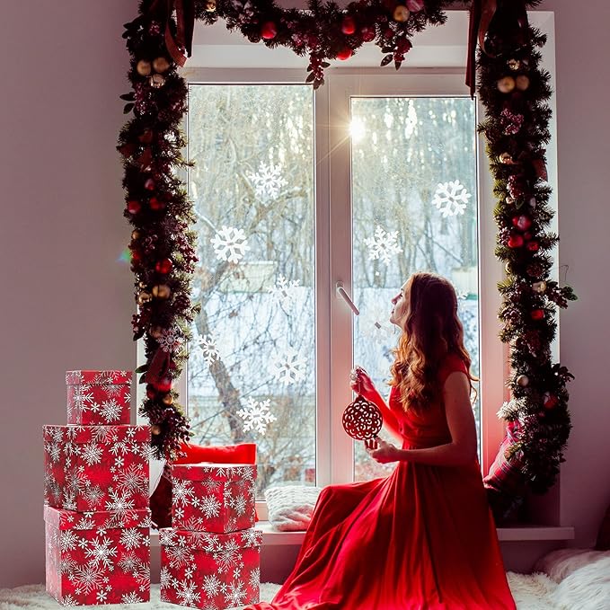 UNIQOOO 5PCS Christmas Nesting Gift Boxes with Lid, Xmas Nested Box Set, 5 Sizes, Square Stackable, Red White Snowflake Candy Cane Paper Box Tower Décor, for Holiday Thanksgiving New Year Packaging