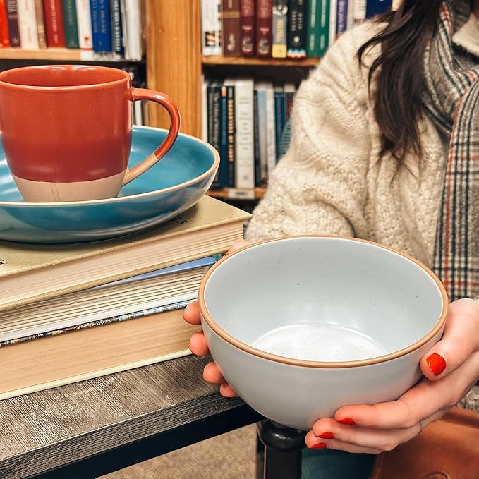 Mora Ceramic Artisan Matte Bowls For Kitchen 28oz - Bowl Set of 4 For Cereal, Salad, Pasta, Soup, Dessert etc - Dishwasher, Microwave, and Oven Safe - For Breakfast, Lunch and Dinner - Marina Colors