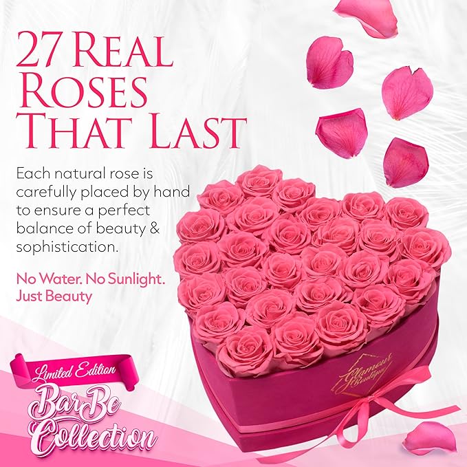 GLAMOUR BOUTIQUE 27 Flower Forever Heart Shape Box - Preserved Roses Gift for Her, Preserved Flowers, Velvet Pink