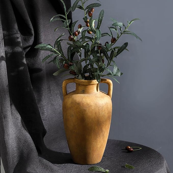 Large Ceramic Vase with 2 Handles, 11.41 inch Terracotta Rustic Farmhouse Vase for Home Decor, Wide Mouth, Living Room Shelf Decor, Enterway, Wedding, Table Decoration
