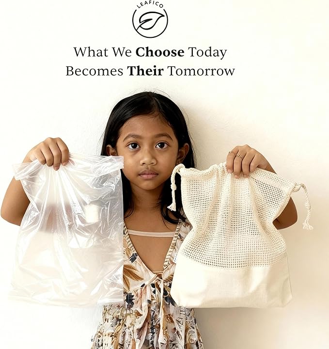 LEAFICO Reusable Produce Bags – 100% Cotton Mesh & Solid Hybrid (Large 12x15 inch 6 Pcs) – Storage Bags for Vegetables, Toys, Clothes, Travel Packing – Washable, Plastic-Free, Breathable, Zero Waste