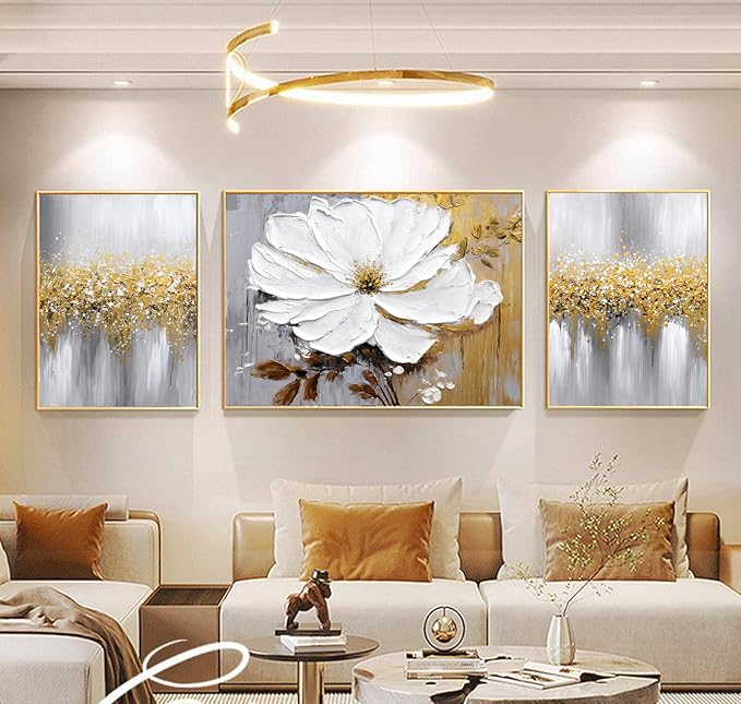 Hand-Painted Floral Canvas Oil Painting for Living Room,Framed 3D Gold and White Abstract Wall Art for Bedroom, Large 3 Pieces Flowerl Wall Painting for Office Kitchen Bathroom Home Decor 24x64 inches