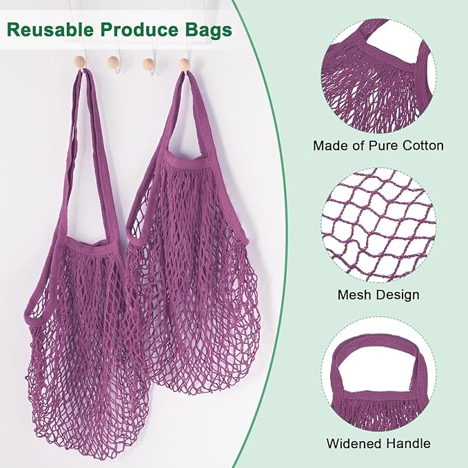 2-Pack Cotton Mesh Bag, Reusable Washable Mesh Net String Grocery Bags, Reusable Produce Bags with Handle, Net Tote Bag for Fruits Shopping [Purple-Pink, Long&Short Handle]