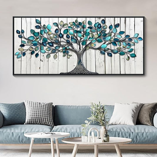 CHATYOUNG Large Trees Wall Art - Teal Leaves Gray Wood Texture Background Paintings Abstract Tree of Life Pictures Artwork for Living Room Bedroom Office Kitchen Home Decor 71"x32"