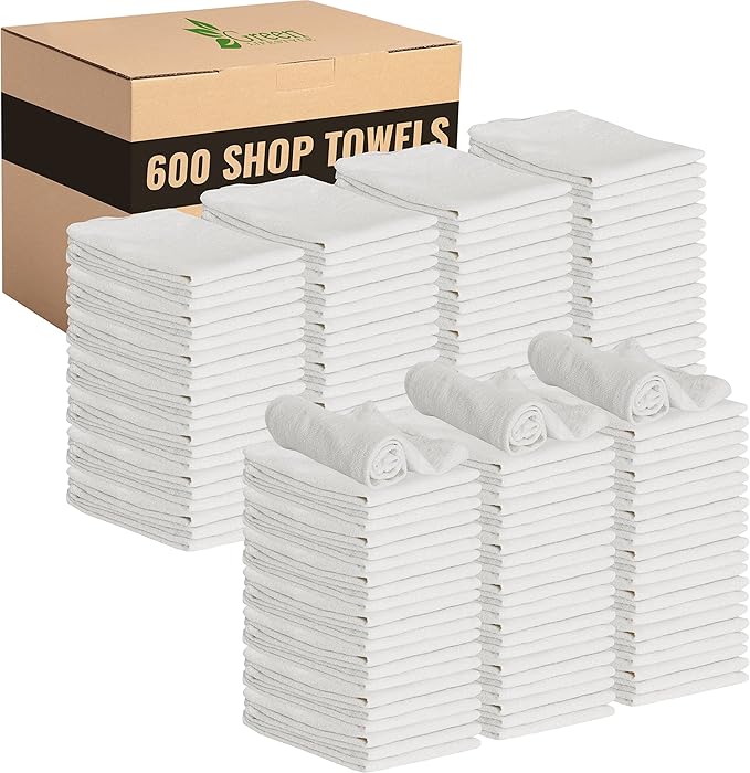 GREEN LIFESTYLE White Shop Towels 12x14, 600 Pack, 100% Cotton Super Absorbent & Durable Shop Rags, Reusable Shop Rags Bulk, Multipurpose Cleaning Towels for Automobiles, Industries, Garage and Home
