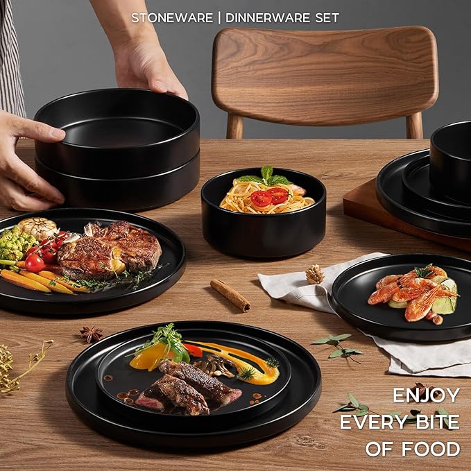 Onader Stoneware Dinnerware Set for 2 with Pasta Bowl, 8 Piece Plates and Bowls Dish Dinner Set, Microwave & Dishwasher Safe - Ebony Black