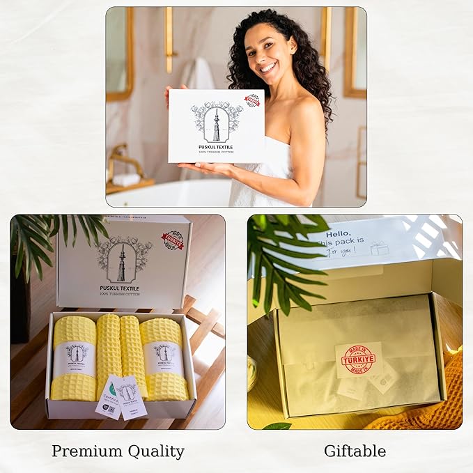 PÜSKÜL - Premium Waffle Towel Set 4 Pieces Yellow - Organic 100% Turkish Cotton Quick-Dry Towels for Bathroom Made in Turkiye (Light Yellow, Towel Set - 2 Hand & 2 Bath Towels)