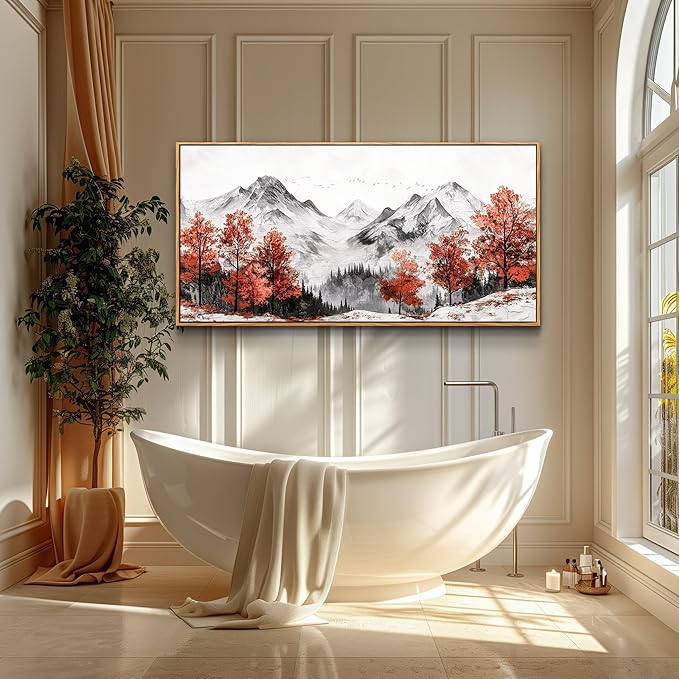 PHAOHUAXM Large Canvas Wall Decor For Living Room Wall Art For Bedroom Office Murals Red Tree Ink-Wash Mountain Landscape Wall Pictures Restaurant Room Modern Home Decoration Wood Framed 24"X48"