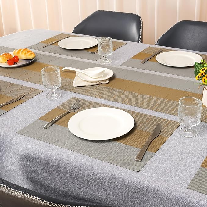 Placemats Set of 4, Vinyl Woven Place Mats Indoor Set of 4 Washable Wipeable PVC Table Mats Heat-Resistant Non Slip Placemat for Kitchen Dining Outdoor Table (Gray Light Brown, Set of 4)