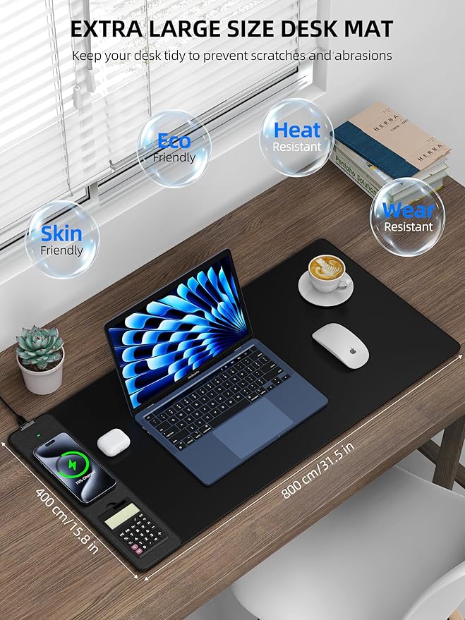 TopMade Mouse Pad with 15W Wireless Charging & Removable 8-Digit Solar Calculator, 31.5" x 15.75" XXL Large Desk Pad, Gaming Computer Keyboard Pad, Waterproof Mousepad Home Office Desk Mat, Black