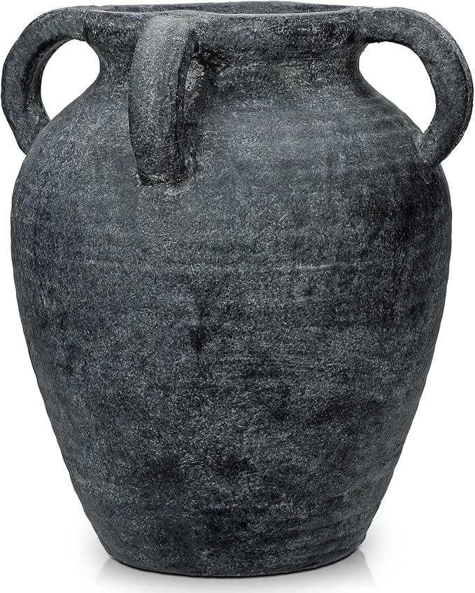 Handmade Flower Vase, 12" Tall Terracotta Vase, Vintage Black Ceramic vase, Rustic Antique Decor with 3 Handles, Wide Mouth, Matte Finish for Home Office Resto Café Décor