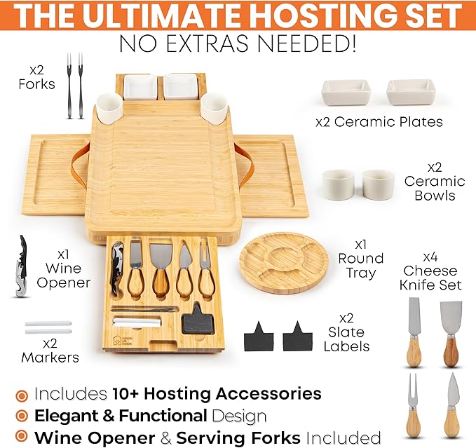 Large Bamboo Charcuterie Board Gift Set – 4 Hidden Drawers, Cheese Knives, Ceramic Bowls & Plates – Perfect Christmas, Holiday, or Housewarming Gift