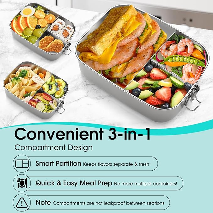 LEEPENK 2PCS 304 Stainless Steel Lunch Container with Lockable Clips,3-Compartment Large 1500ML Metal Bento Box Bonus 2PCS Condiment Containers & Leakproof Lids for for Office and Gym