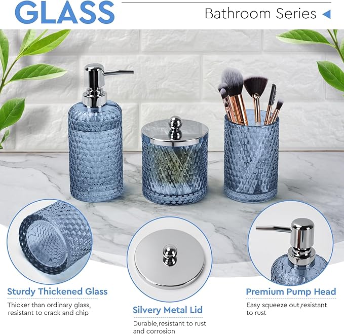 Bathroom Accessories Set,4 Pcs Blue Glass Bathroom Accessories Sets-Lotion Soap Dispenser,Toothbrush Holder,Qtip Holder Dispenser & Resin Vanity Tray,Countertop Vanity Organizer,Blue