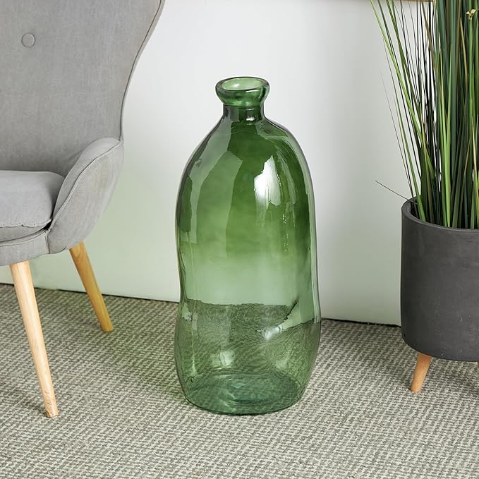 Deco 79 Recycled Glass Abstract Handmade Decorative Vase Tall Curved Ombre Spanish Bottle Centerpiece Vase, Flower Vase for Home Decoration 13" x 13" x 29", Green