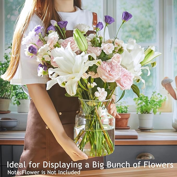 Clear Glass Vase, Large Flower Vase, 8-inch Glass Flower Vase for Plants, Wide Mouth Vase for Home, Wedding, Living Room, Dining Table