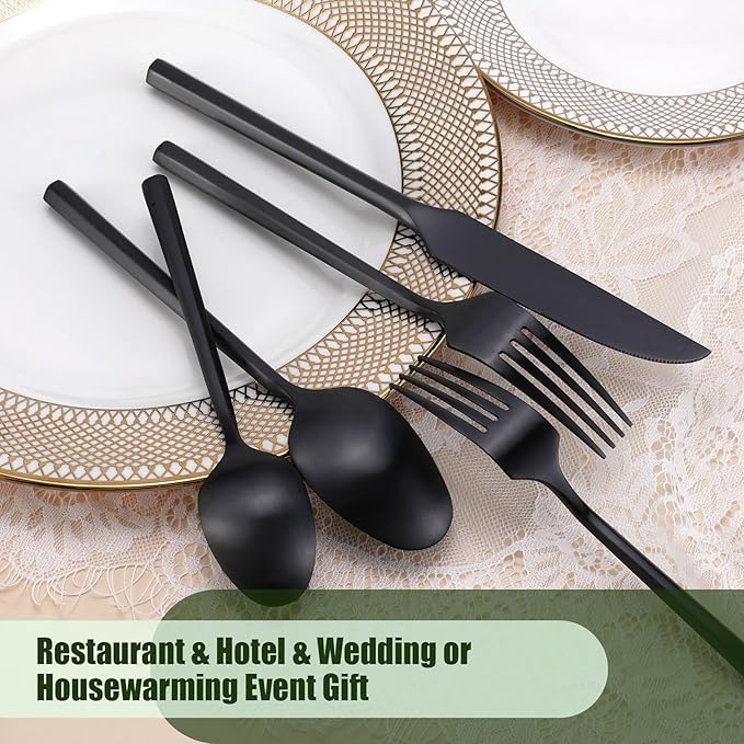 DEACORY Silverware Set Flatware Set Matte Black Cutlery Set Brushed Finished Hexagon Handle Heavy Stainless Steel 60 Pieces Dishwasher Safe Service for 12
