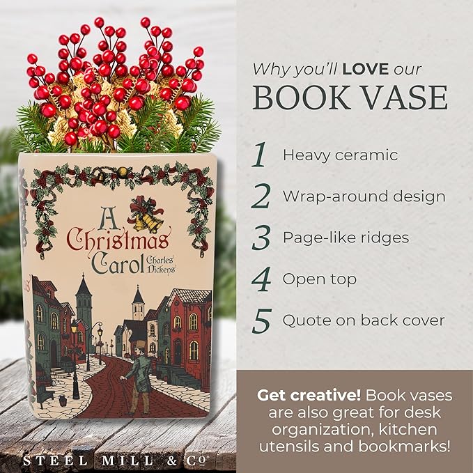 Steel Mill & Co Original Large Book-Shaped Decorative Vase, Ceramic Vases for Holiday Home Decor, Festive Bookshelf Decor, Unique Vase for Book Lovers (A Christmas Carol)
