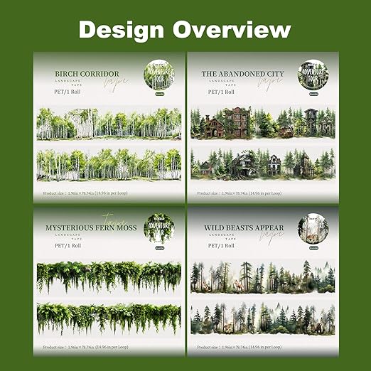 Forest Adventure Transparent PET Scrapbook Tape Set with Clip - 4 Rolls Tree and Landscape Scenery Design Stickers for Journals Planners Crafts and Gift Ideas