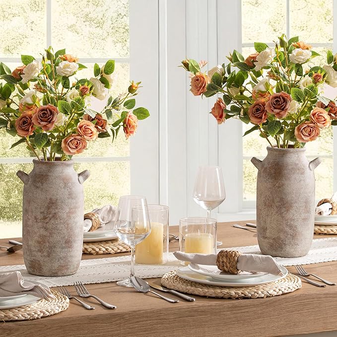 Large Flower Vase Home Decor - 12 inch Tall Ceramic Farmhouse Rustic Table Vases with Handle Living Room Decoration Decorative Modern Pottery for Floor Kitchen Shelf Coffee Dining Desk Fireplace