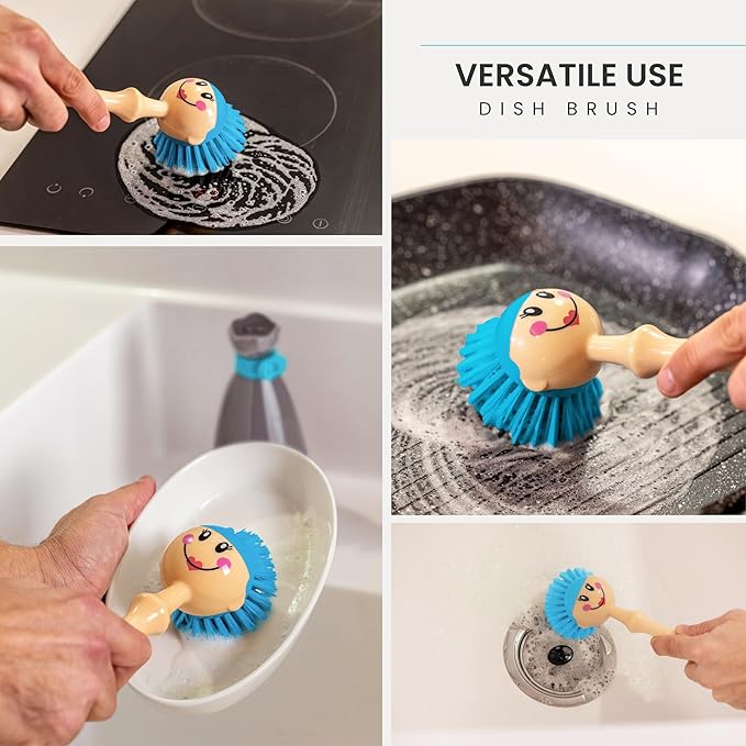 Vigar Dolls Dish Brush with Ergonomic Handle and Dress-Shaped Brush Holder, Dish Brush with Handle for Kitchen Dishes and Sink Cleaning, Gray, Blue