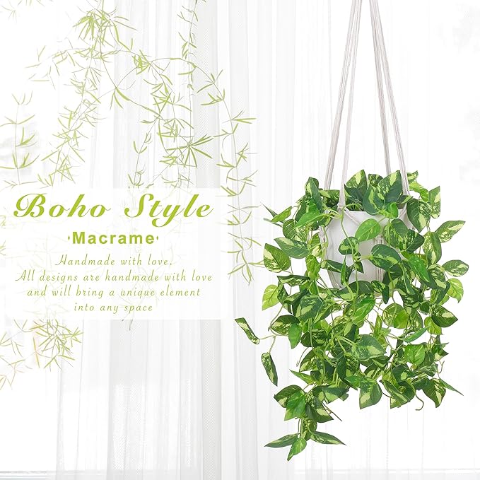 YIBOT Macrame Plant Hanger Indoor Set of 2 with 2 S Hooks, Indoor Outdoor Hanging Planter for Plants Holder with Decorative No Tassels, Boho Home Decor, 35 Inch, Ivory (Pots Not Included)