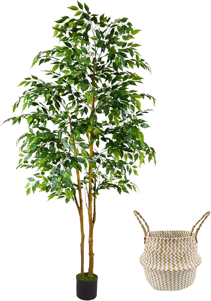 Artificial Ficus Tree, 7ft Silk Fake Ficus Leaves Plant with Basket, Indoor Outdoor Faux Green Tree for Home Garden Office House Livingroom Décor