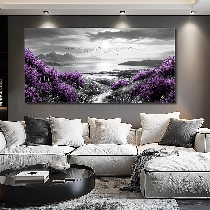 Canvas Wall Decor for Office Large Wall Art for Living Room Modern Bedroom Wall Decoration Purple Flowers Landscape Pictures Black and White Scenery Paintings Artwork Aesthetic Home Decor