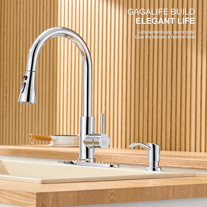 GAGALIFE Built in Sink Soap Dispenser or Lotion Dispenser for Kitchen Sink, Chrome ABS Pump Head, with 17 Ounce Large PET Soap Bottle
