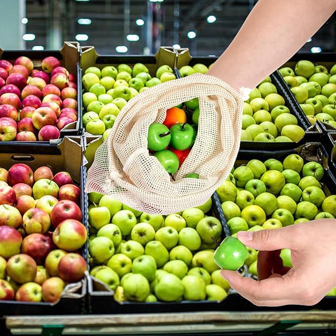 20 Pack Reusable Cotton Mesh Produce Bags Washable Grocery Vegetable Bags with Drawstring Farmers Market Bag for Grocery Shopping Fruits Storage Transporting Storing (4XXL,4XL,4L,4M,4S)