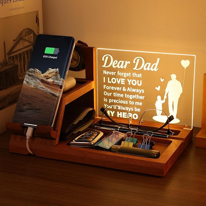 Attivolife Dad Gifts Idea LED Phone Docking Station Desk Organizer, Cell Phone Stand with Night Light, Best Dad Ever Gift for Father's Day, Key Holder, Stand for Wallet Watch Essentials