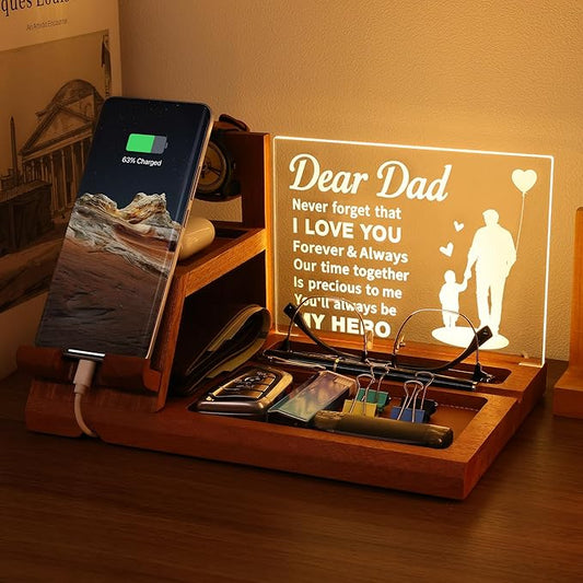 Attivolife Dad Gifts Idea LED Phone Docking Station Desk Organizer, Cell Phone Stand with Night Light, Best Dad Ever Gift for Father's Day, Key Holder, Stand for Wallet Watch Essentials