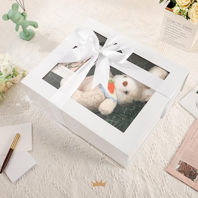 PACKQUEEN Extra Large White Gift Box with Window, 16.3x14.2x5 Inches Clear Gift Box for Present Contains Ribbon, Card, Bridesmaid Proposal Box with Lid (Glossy White)