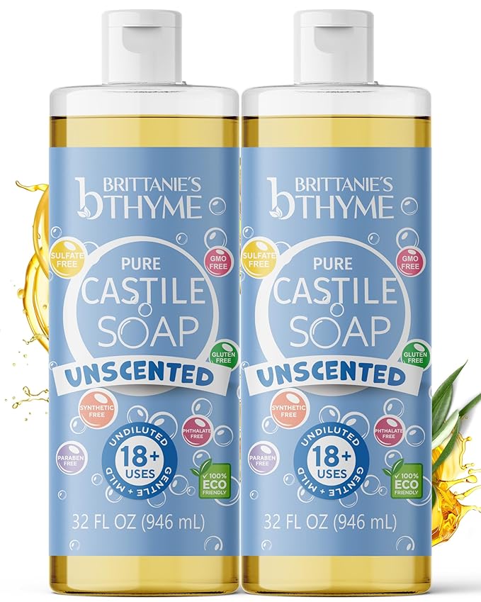 Brittanie’s Pure Castile Liquid Soap Refill, Unscented, 32 Ounce Pack of 2 | Dish Soap, Hair & Body, Home, Gentle and Pure, Made with Natural Luxurious Oils, Vegan & Gluten Free Non-GMO