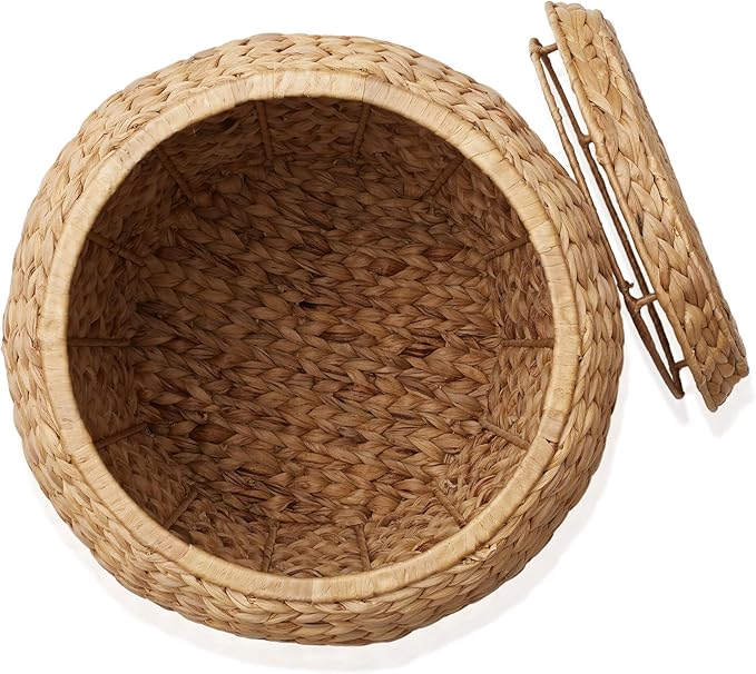 Casafield Round Storage Basket with Lid - Natural, Handwoven Water Hyacinth Organizer for Laundry, Blankets, Plants, Bedroom, Living Room, Home Office