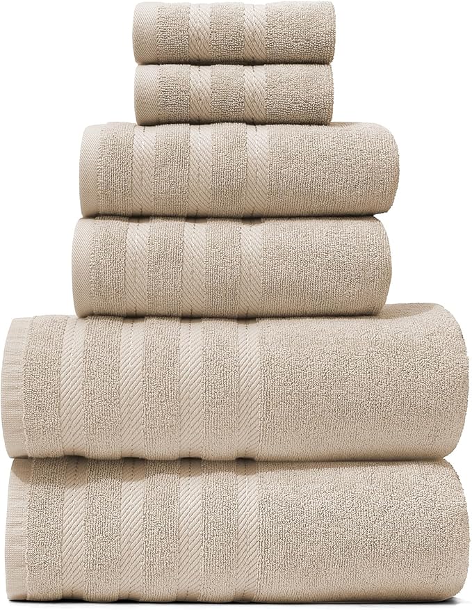 Hearth & Harbor Bath Towels for Bathroom - 100% Ring Spun Cotton Luxury Bathroom Towels - Soft & Highly Absorbent Bath Towels Set, 6 Piece Set, Beige