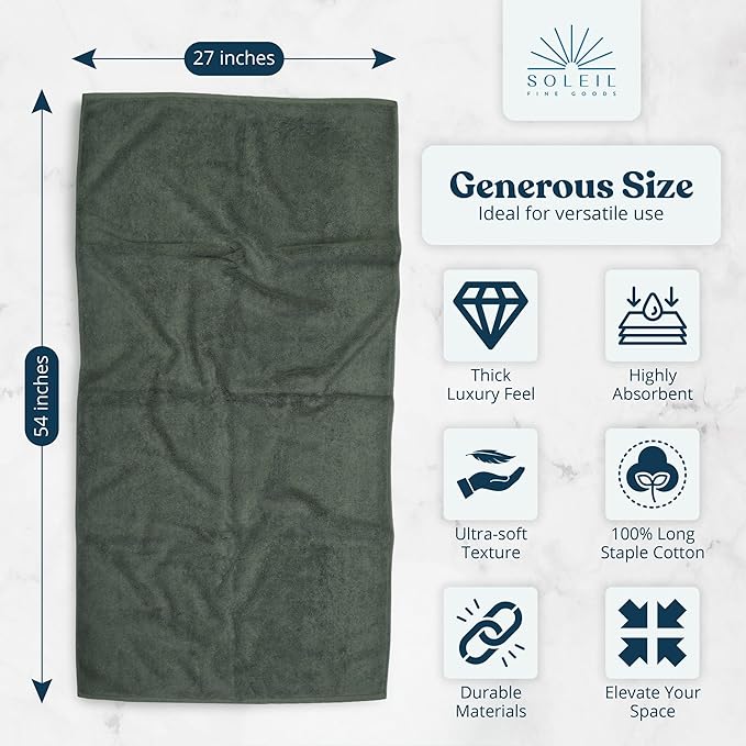 Soleil Fine Goods Luxurious 800 GSM 100% Cotton Bath Towel Set (4-Pack, 27x54) - Heavyweight & Ultra Absorbent, Plush Softness for Bathroom | Hotel & Spa Quality Luxury Towels- Forest