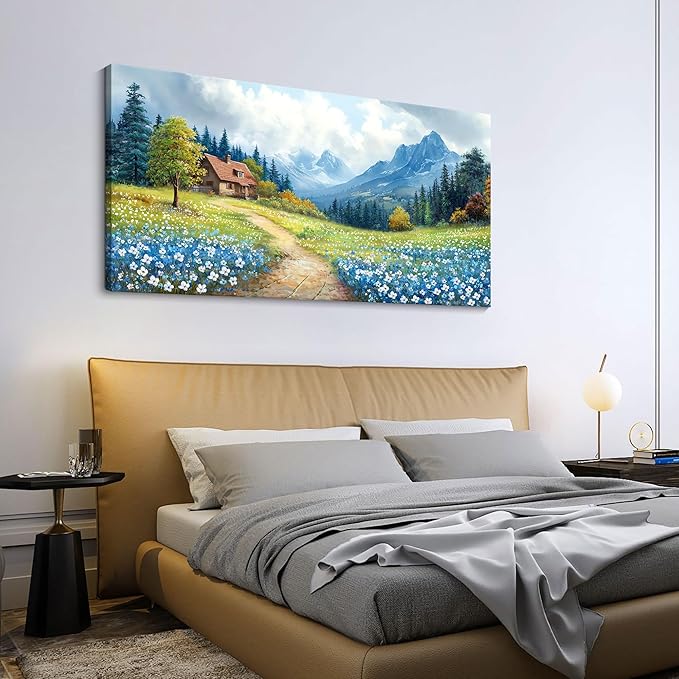 CHATYOUNG Canvas Wall Art Landscape Paintings, Blue Misty Mountains and Wild Flowers Rustic Prints Wall Pictures Large Size 24"X48" for Living Room Bedroom Bathroom Home Decor Gift