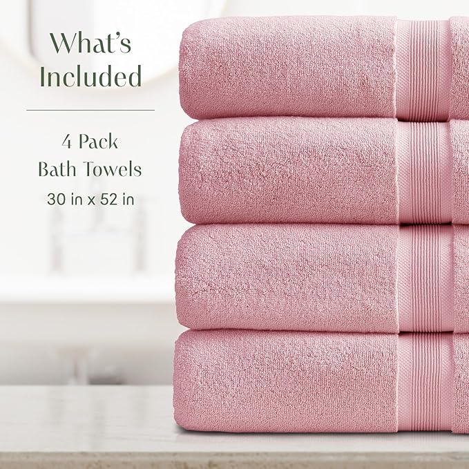 Springtree Home Luxury Bamboo Rayon Bath Towel Set of 4 | 35% Bamboo Rayon - 65% Cotton | Absorbent Quick-Dry Towels for Bathroom | Oeko-TEX Standard 100 Cotton | Pink Shadow