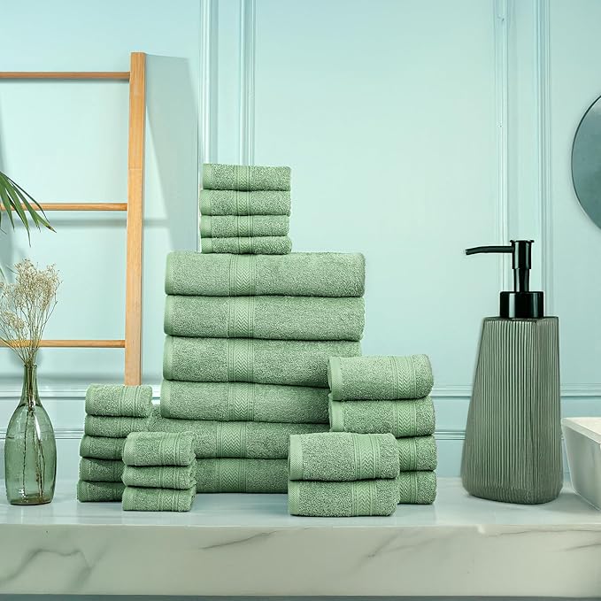 HILLFAIR - 100% Cotton 24 Piece Bath Towels Set for Bathroom- 24 PC Bulk Pack - Quick Dry Absorbent Hotel Spa Towel Set- 2 XXL Oversized Sheets, 4 Bath, 6 Hand, 4 Fingertip Towels, 8 Washcloths: Sage