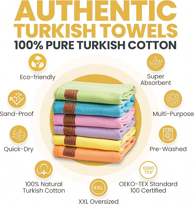 Gold CASE LYCIA Turkish Beach Towel Set of 6 – 100% Cotton Turkish Beach Towels Bulk 70 x 38'' – LYCIA Oversized, Quick Dry & Sand Free Beach Towel – Lightweight Towels Set in Multi Color Tones