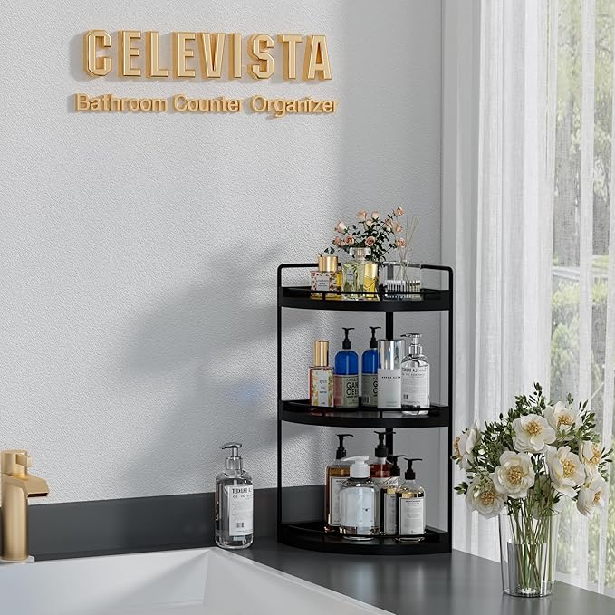 Corner Bathroom Counter Organizer, 3 Tier Bathroom Sink Shelf Countertop, Wood Vanity Skincare Storage for Toiletries Decor, Makeup, Dresser(Black)