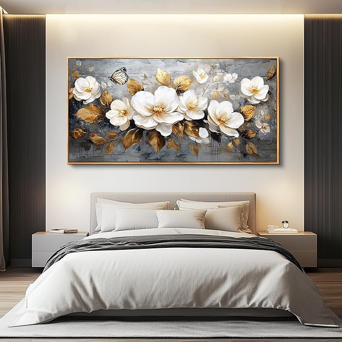 FUHAIHUA Wood Framed Canvas Wall Art For Living Room Large Wall Decor For Office Bedroom Decoration White Flower Pictures Farmhouse Painting Artwork Room Wall Mural Aesthetic Home Decor 30x60