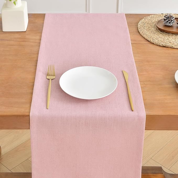 Wracra Linen Style Table Runner, Rustic Farmhouse Pink Table Runners 108 Inches Long, Handcrafted Table Runner for Fall, Winter - Everyday Use and Machine Washable